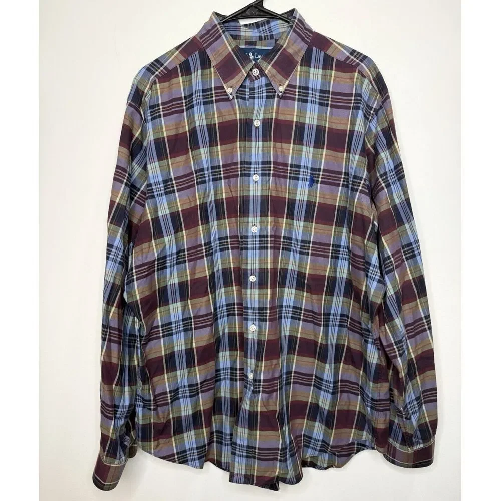 Polo Ralph Lauren Button Down Shirt Mens XL 17 Plaid Blue Pony Preppy Office Pro
